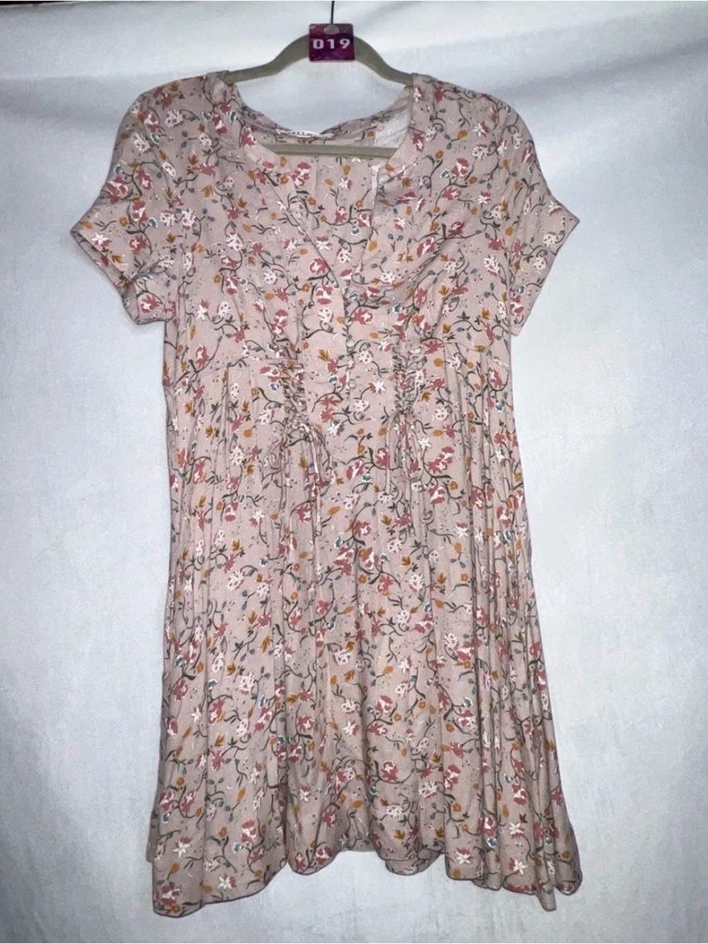 Idyllwind Small Floral Short-Sleeve Empire-Waist Dress in Blush Pink